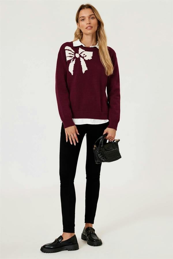 FS Collection Bowknot Pattern On Shoulder Knit Jumper Top In Wine