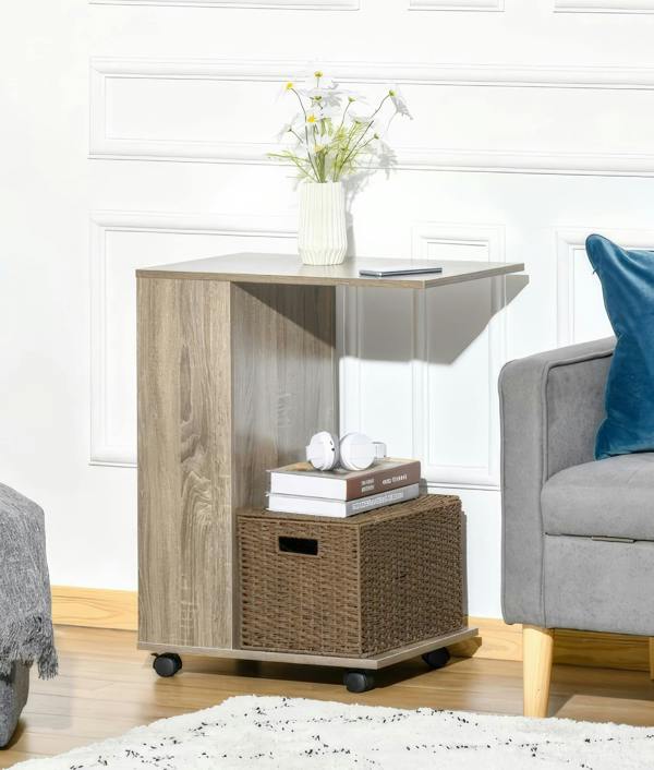 ADOV C Shaped Side Table with Wheels, Industrial Sofa End Table with Open Storage for Living Room and Bedroom