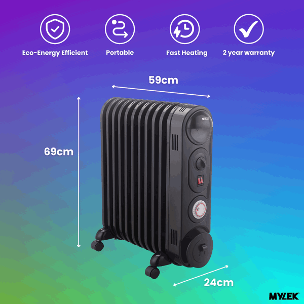 Mylek Oil Filled Radiator Electric Heater, Portable, Thermostat and 24hr Timer by Mylek 2500w Black