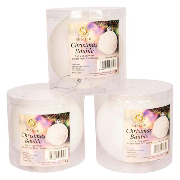 Shatchi 15cm 3 Pack Shatterproof White Christmas Baubles for Tree, Wreath and Festive Displays