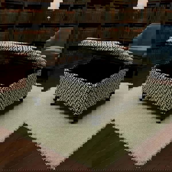 Multi-use storage footstool ottoman with padded top and elegant geometric fabric design