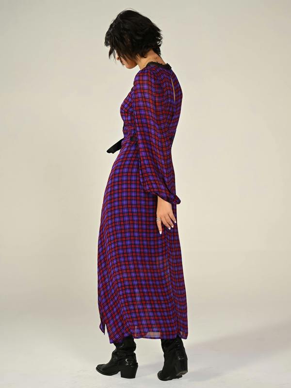 Rose & Nancy Chloe Check Lace Trim Tie Waist Maxi Dress
