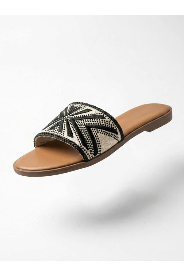 Octavia Geometric Woven Strap Sliders - Black