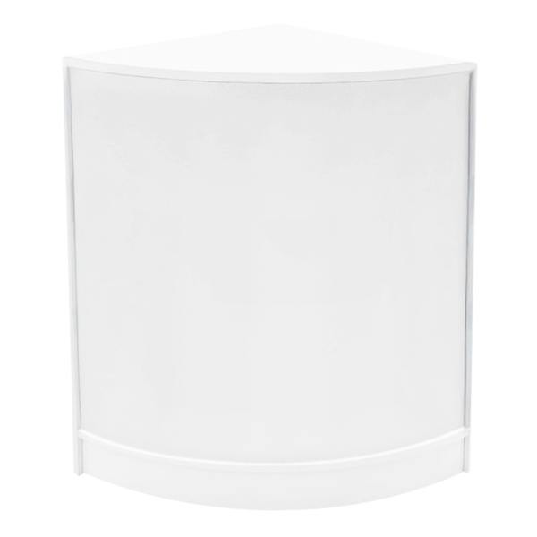 Curved white LED shop counter with a smooth finish, designed for retail displays, featuring a sleek, modern aesthetic