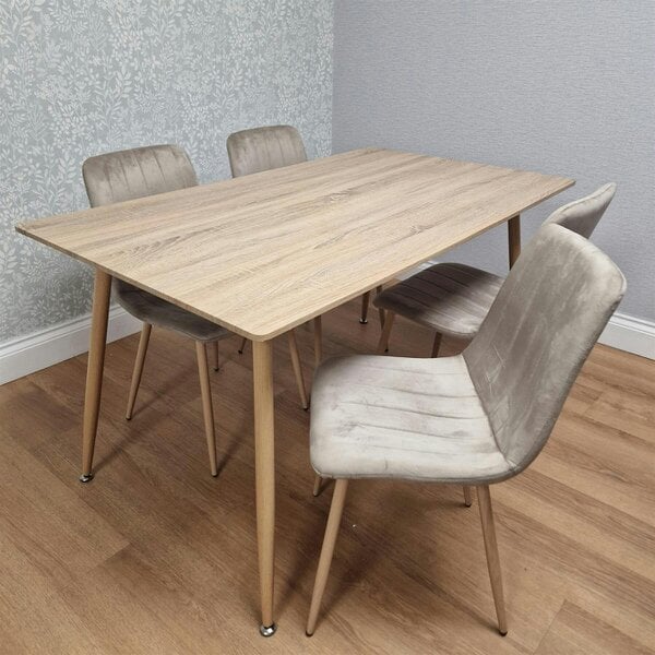 KOSY KOALA 4 Seater Modern Dining Table 140cm with Wood Effect Metal Leg and 4 Beige Chairs  for Kitchen & Dining Room Furniture Set