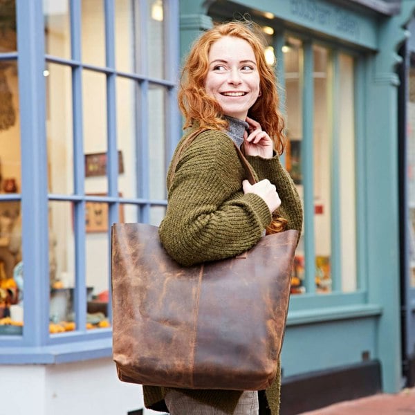Paper High Brown Buffalo Leather Tote Shopping Bag