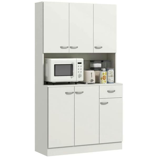 Freestanding kitchen pantry cabinet in cream, with doors, drawers, and microwave shelf