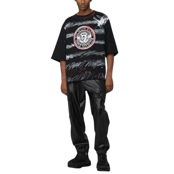 BALMAIN YU1EG035GB82 Balmain Paris Graffiti Coin Logo Black T-Shirt EBE BLACK T-SHIRT MALE S