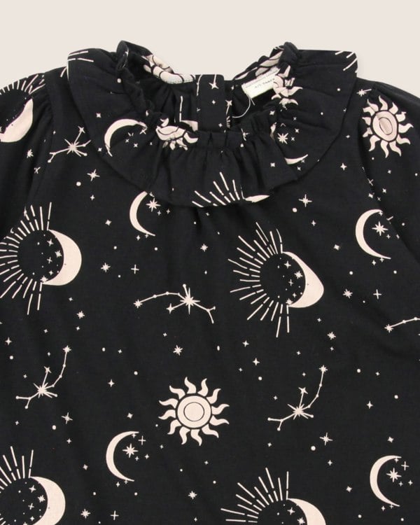 organic cotton Black Celestial Print Ruffle Neck Dress- image 4