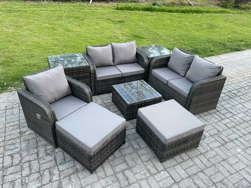 Fimous PE Rattan Garden Furniture Sets Outdoor Love Sofa Chair Set Square Coffee Table 2 Side Tables 2 Big Footstool