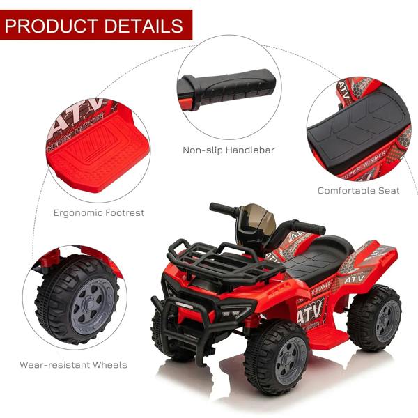 Red kids electric quad bike with non-slip handlebar, ergonomic footrest, comfortable seat, wheels