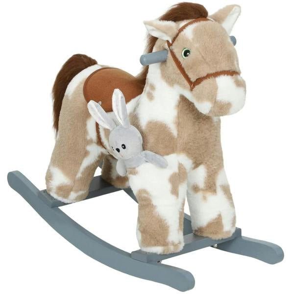 Plush brown rocking horse toy with white spots, gray runners, attached bunny plush