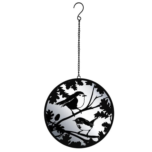 EDH Door Hardware Black Robin & Wren Hanging Mirror Silhouette – 39cm x 23cm | Metal Art Garden Décor | Reflective Hanging Ornament