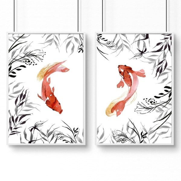 Koi fish Japanese art | set of 2 wall art prints for office decor