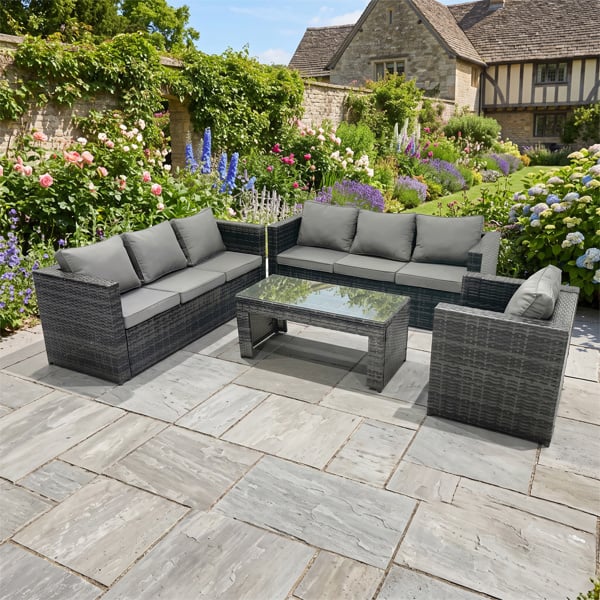 Fimous 7 Seater Rattan Garden Furniture Set Outdoor Lounger Sofa with Coffee Table Armchair Dark Grey Mixed