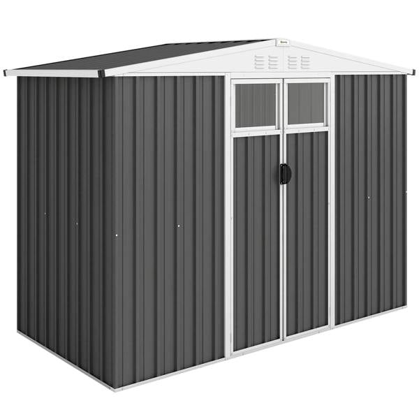 Dark grey metal garden shed with window and lockable double door, roof vents