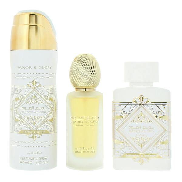 Lattafa Bade'e Al Oud Honor & Glory 3 Piece Gift Set: EDP 100ml - Body Spray 200ml - Hair Mist 50ml