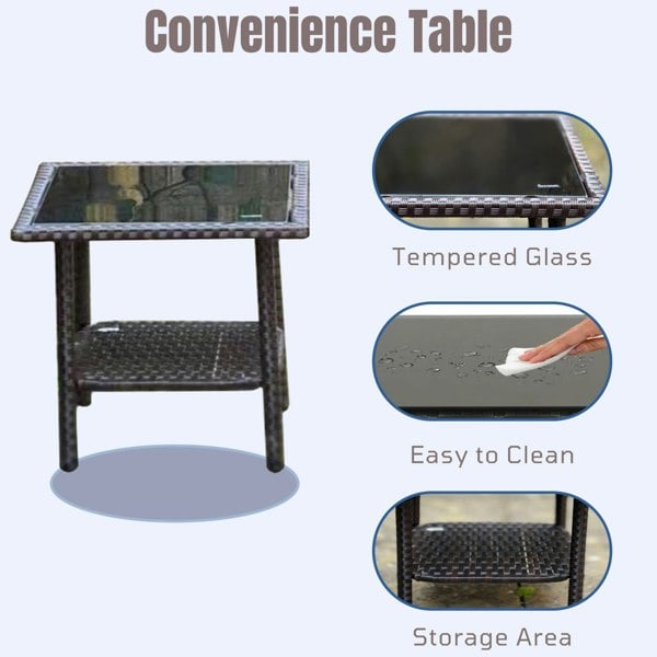 Furniture One 3-Piece Outdoor Rattan Bistro Set, 2 Seater Patio Rocking Chairs with Glass Top Coffee Table