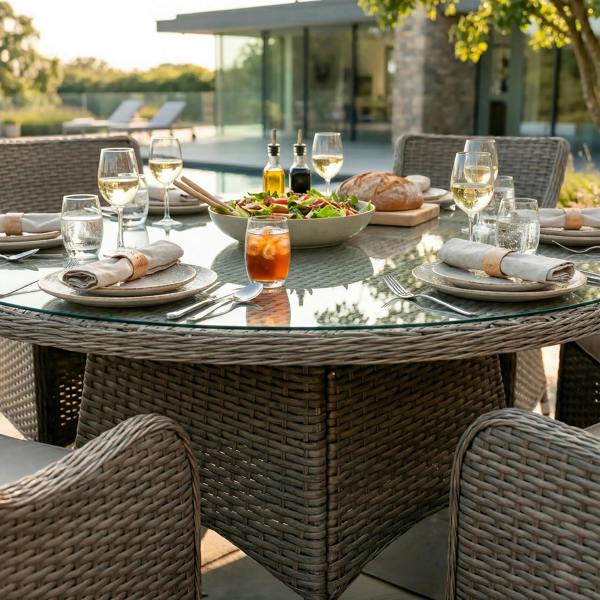 Dellonda Chester 7 Piece Rattan Wicker Outdoor Dining Set with Tempered Glass Table Top, Brown - DG85