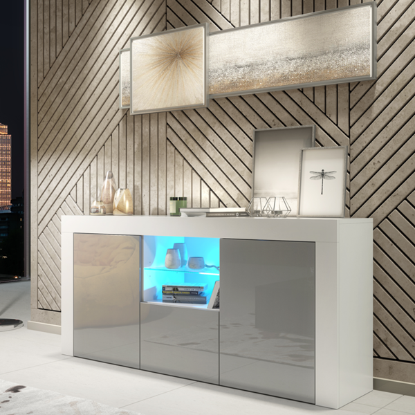 Mex Furniture Modern 145cm TV Unit, Cabinet Stand & with Grey Gloss Doors & Free LED
