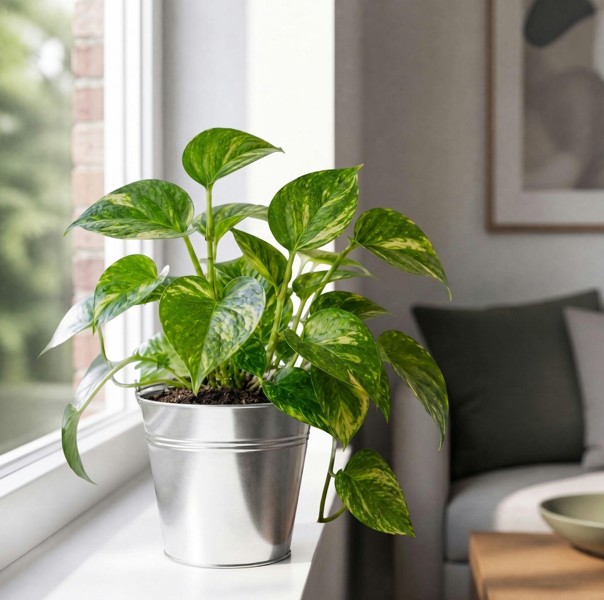 Epipremnum Aureum – Golden Pothos Devil’s Ivy Houseplant in 12cm Pot - Galvanised Pail - 1