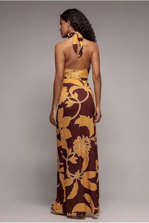 Printed Crossover Maxi Dress - Brown DR3602