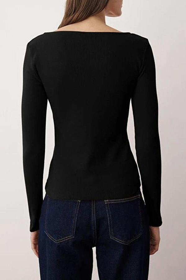 WOVCOR Buttoned Crew Neck Ribbed Flexible Knit Blouse