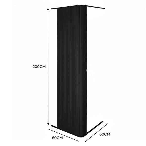 Sleek black Tambour shower door with vertical ribbed texture, measuring 200cm tall and 60cm wide, ideal for modern bathrooms