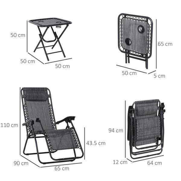 Folding zero-gravity lounge chair with light grey fabric dimensions diagram