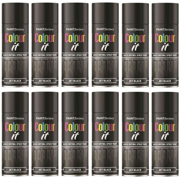 Paint Factory 12X  Jet Black Gloss Spray Paint 400ml