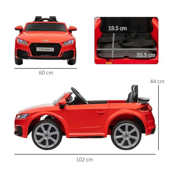 Red kids Audi TT RS Roadster ride-on electric car with black seats and four wheels