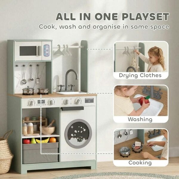 Bobobiy Kids Play Kitchen, Pretend Play Toy Kitchen Playset with Stove, Sink, Microwave, 5Pcs Accessories for 3-6 Years, Green