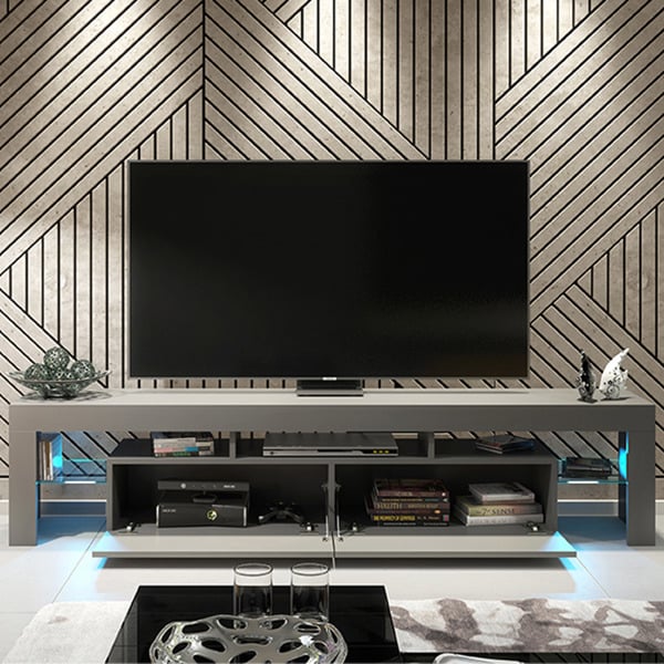 Mex Furniture Sleek 200cm Modern  TV Unit Grey Cabinet Stand High Gloss Doors with Free LED Lights