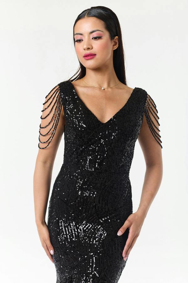 LuvForever Black Jewelled Hi-Lo Sequin Dress