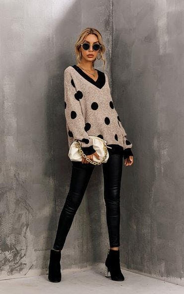 FS Collection Wool Blended V Neck Jumper In Beige & Black Polka Dot Print