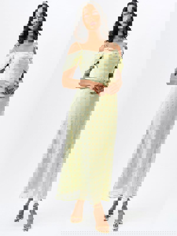 Gini London Sage Green Cowl Neck Drop Sleeves Foil Maxi Dress