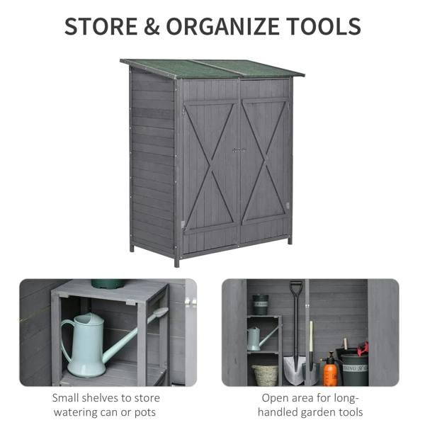 Grey wooden garden shed with double doors, open storage compartments and shelves
