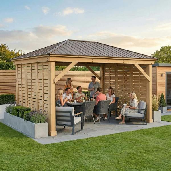 Yardistry Wooden Gazebo 12ft x 16ft (3.7m x 4.9m) with Double Privacy Wall 3.7m x 4.9m Wooden Gazebo 1