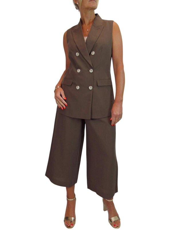 Paulo Due Women's 2 Piece Suit Linen Look Set - Sleeveless Tailored Waistcoat & Cropped Wide Leg Trousers - Brown