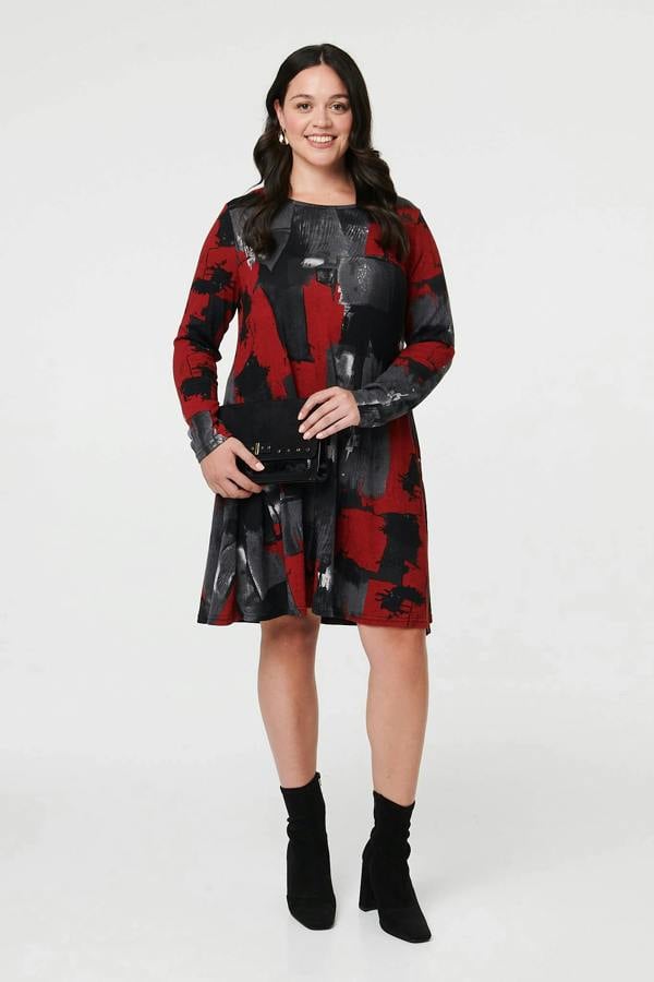 Red | Curve Printed Long Sleeve Short Dress