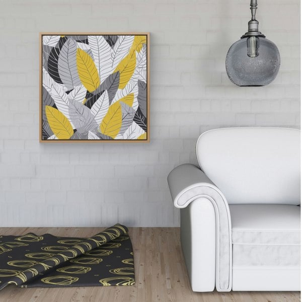 Warren Reed Yellow Grey Feather Leaves Framed Canvas