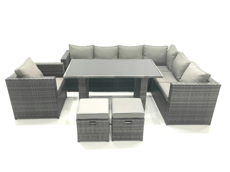 Fimous 8 Seater Outdoor Lounge Rattan Corner Sofa Set Garden Furniture Rectangular Dining Table Chair