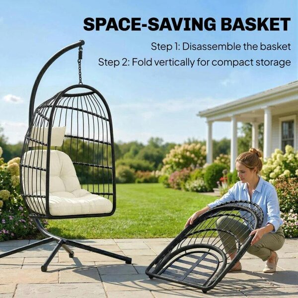 Hanging Egg Chair, Indoor Outdoor Hammock Swing Chair with Stand, Safety Strap, Foldable Basket, Black/Cream White