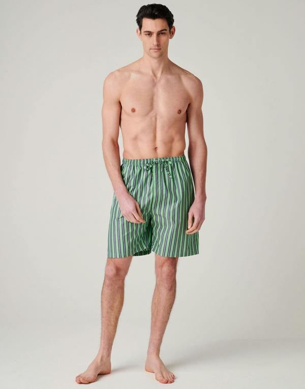 British Boxers Men's Crisp Cotton Sleep Shorts – Green Flash Stripe