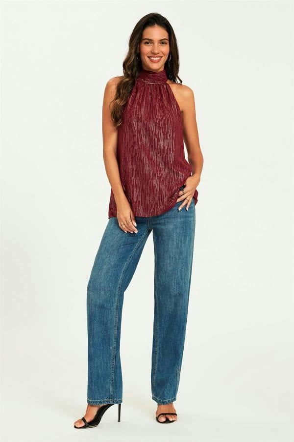 FS Collection Gold Stripe Foil Halter Neck Tie Back Top In Wine