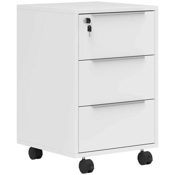 White locking filing cabinet with three drawers and front key lock, on wheels