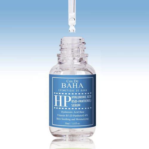 Plumping, intensely slippery, and fast-absorbing clear fluid gel texture of Cos De Baha Hyaluronic Serum melting into a dry skin canvas at Atelier De Glow UK.