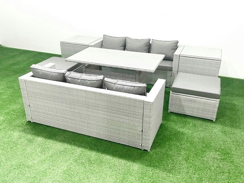 Fimous Rattan Garden Furniture Set 8 Seater Outdoor Sofa Set with Dining Table 2 Side Tables 2 Big Footstools Light Grey Mixed