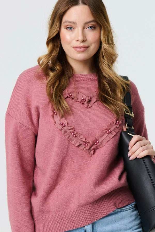 Pink | Heart Pearl Embellished Jumper
