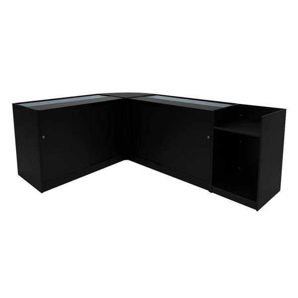 Black Eclipse LED Shop Counter Set featuring sleek glass tops, modern design, and ample storage space in a corner layout